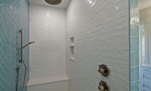 Walk-in shower, turquoise and white tile