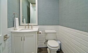 Powder room, teal and white