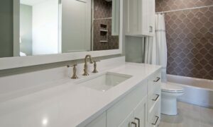 Guest bathroom, grey, brown and white